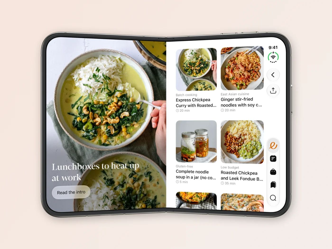 Eline's Table editorial collection on iPhone Duo, half open like a book