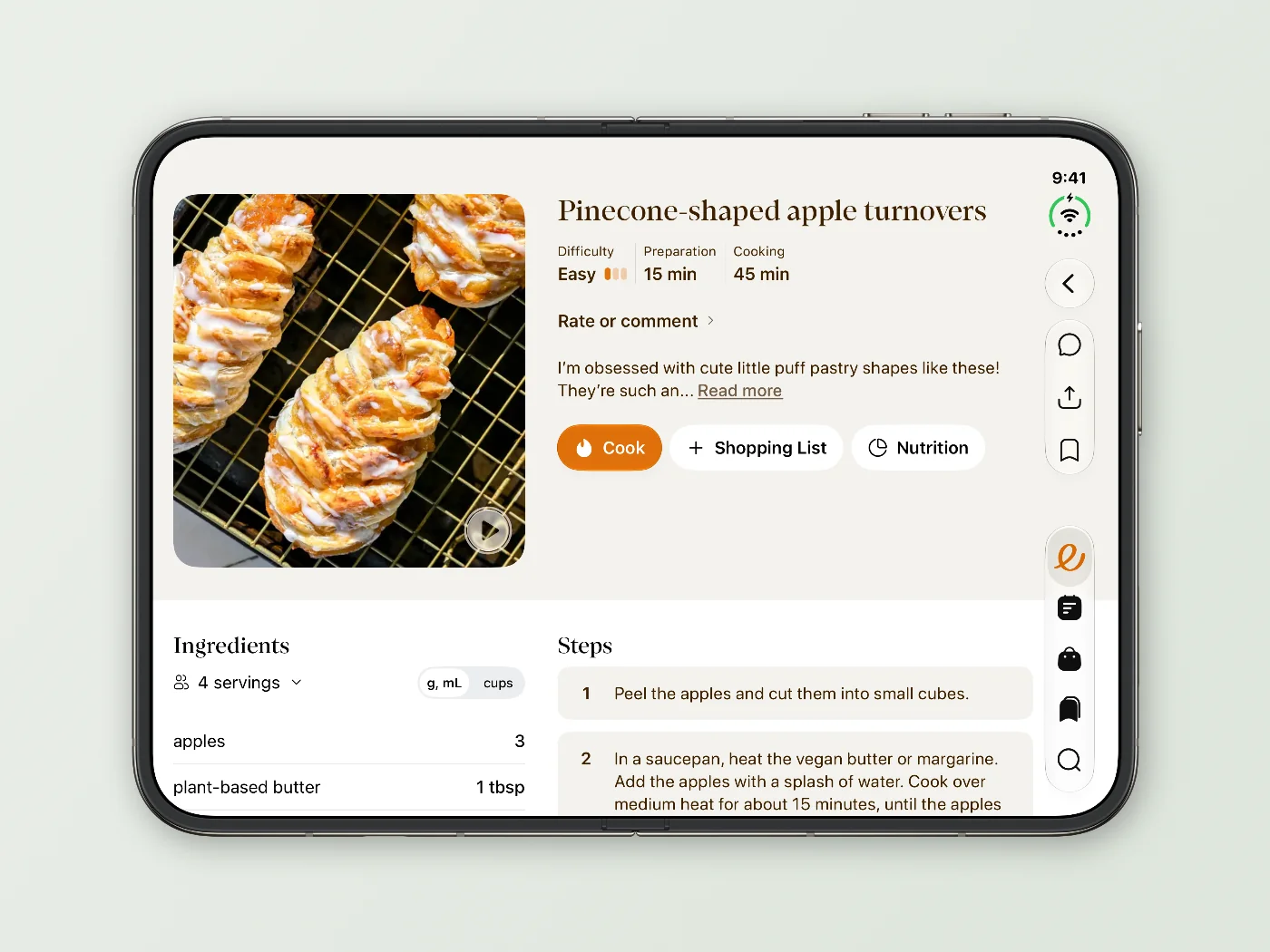 Eline's Table recipe page on iPhone Duo, open in landscape