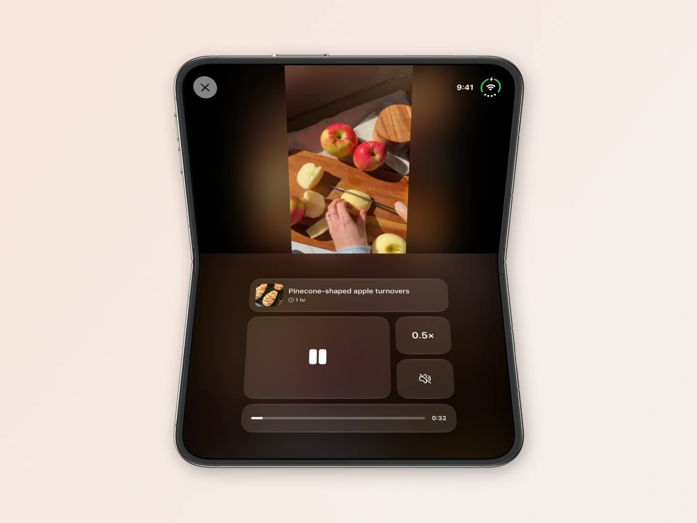 Eline's Table recipe video player on iPhone Duo in the seated position